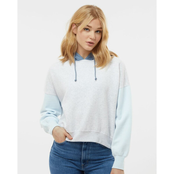 Women's Sueded Fleece Colorblocked Crop Hooded Sweatshirt Thumbnail
