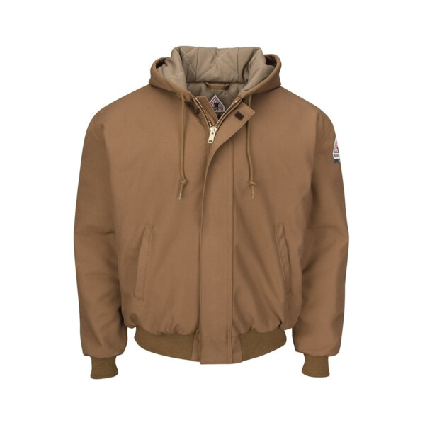 Men's Insulated Brown Duck Hooded Jacket with Knit Trim Thumbnail